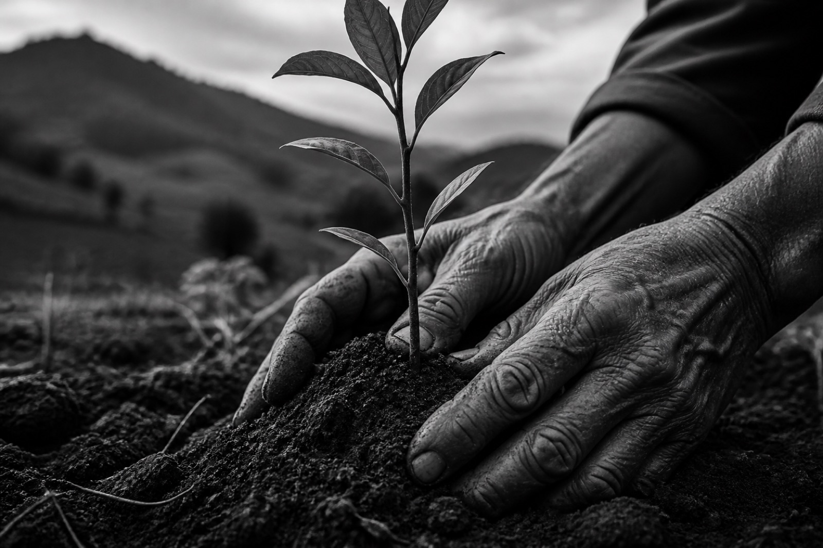 Hands planting a young sapling